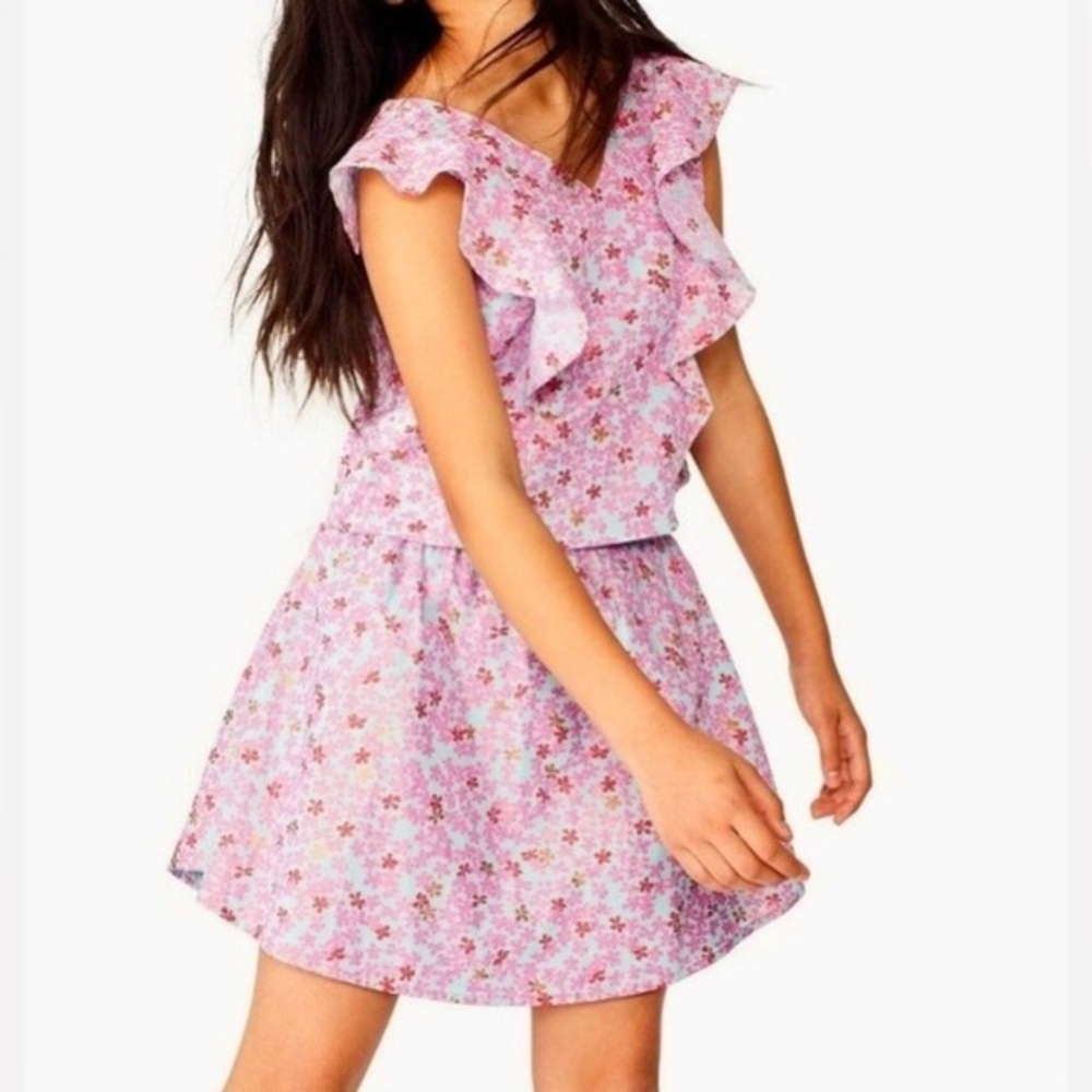 Tea Collection Ditsy Floral Two Piece Pink Set Ruffle Top & Skirt Size 10‎